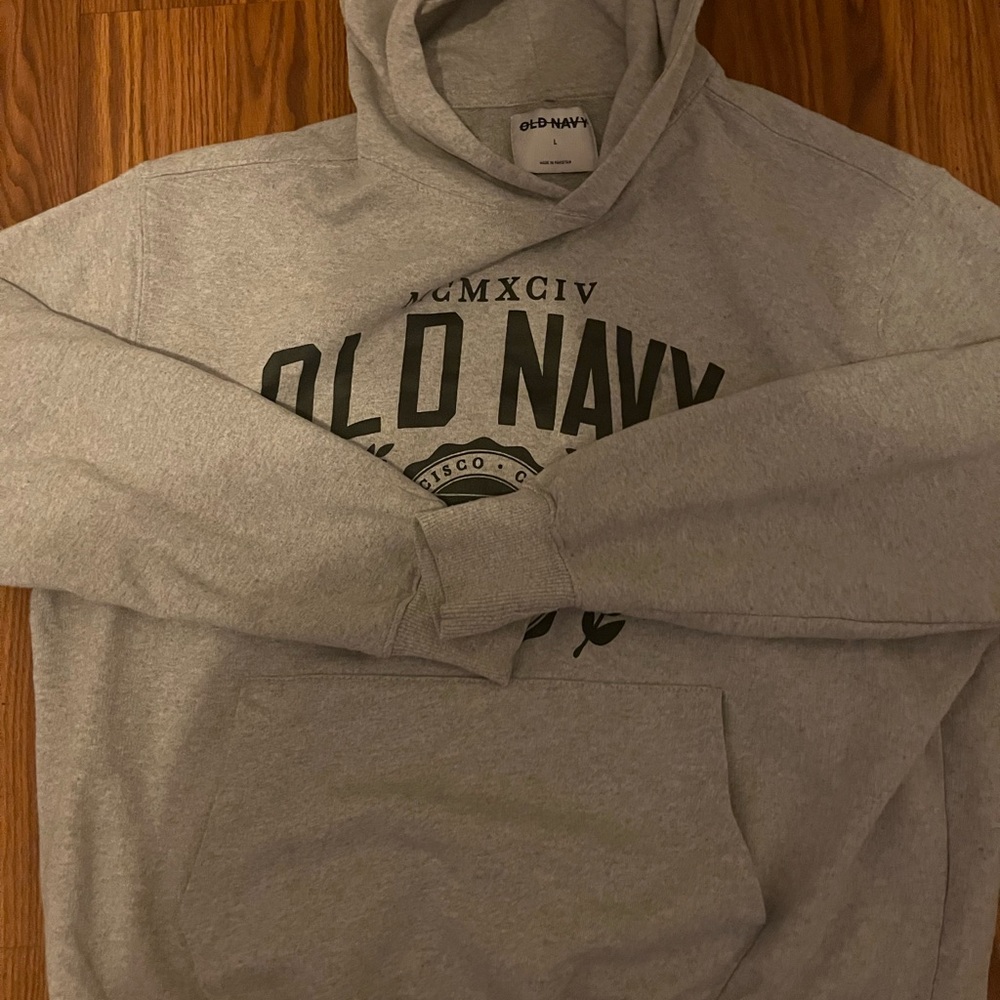 Old Navy Light Gray Pullover Hoodie with Front Pocket and Logo